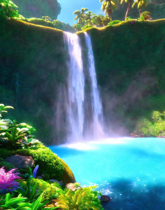 Tranquil Tropical Waterfall in Lush Greenery