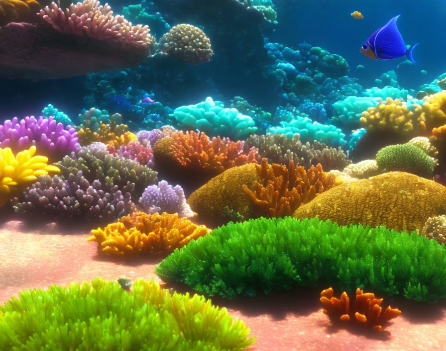 Colorful coral reef with blue tang fish and marine life in vibrant underwater scene