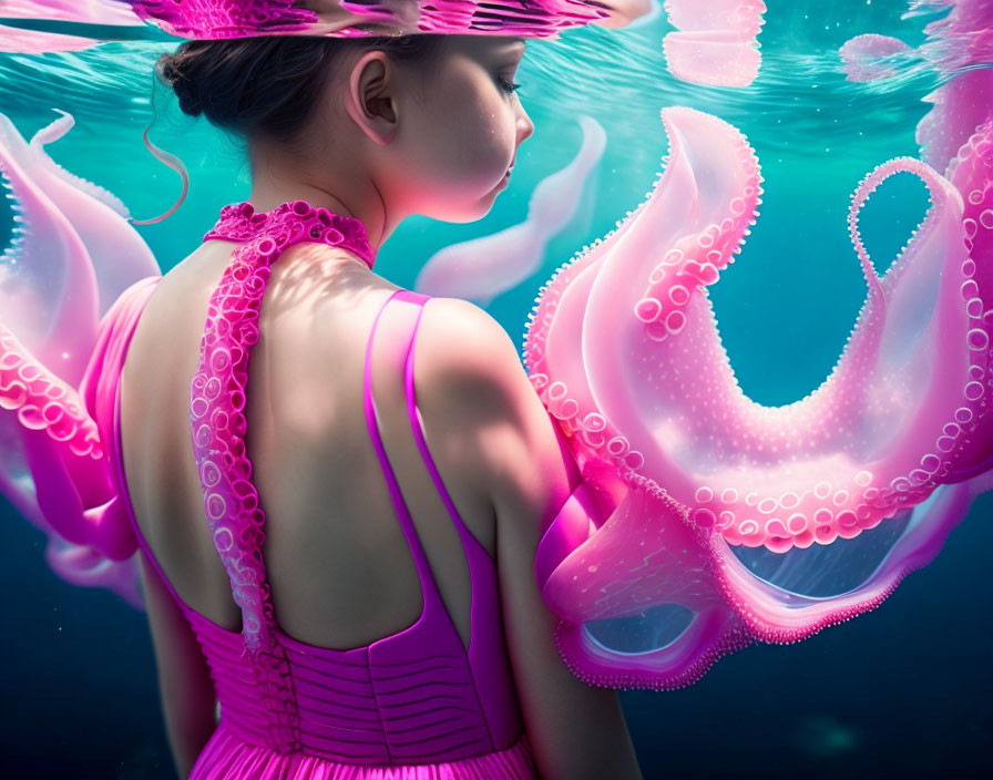 Woman in pink dress with elegant octopus underwater