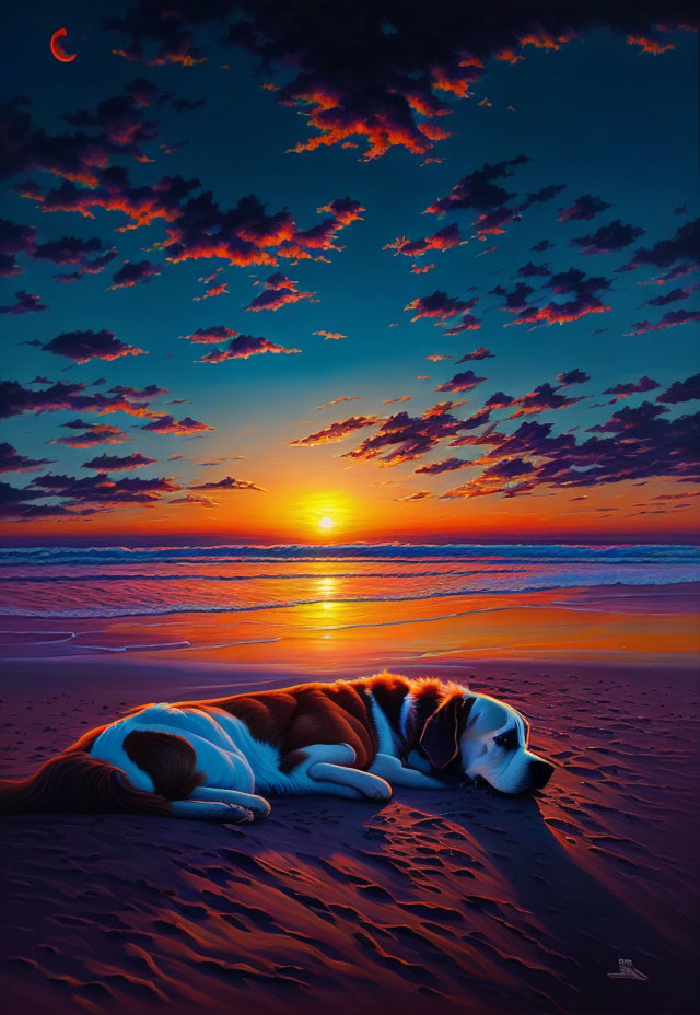 Tranquil beach sunset with colorful sky, resting dog, and crescent moon