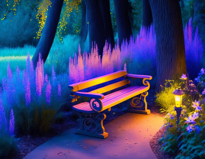 Lush garden at dusk with wooden bench and purple lighting