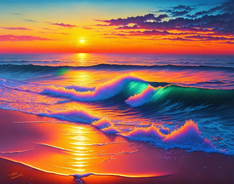 Vibrant orange sunset reflecting on ocean waves