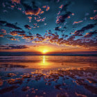 Tranquil beach sunset with colorful sky, resting dog, and crescent moon