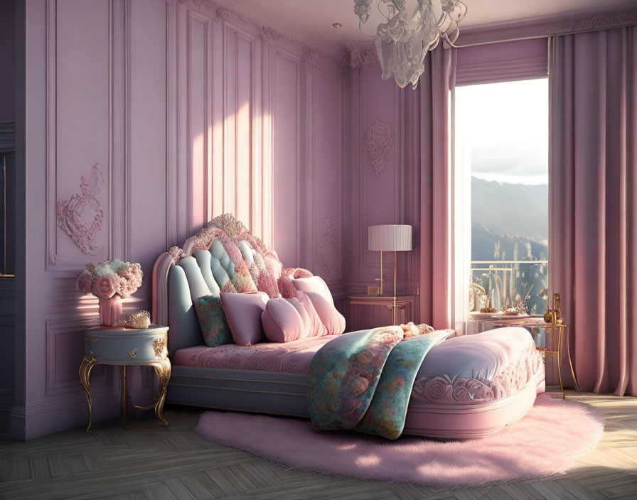 Classic Style Bed with Pastel Bedding & Mountain Sunset View