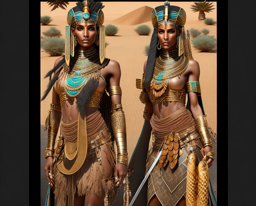 Ancient Egyptian warrior women digital art with elaborate headdresses and weapons