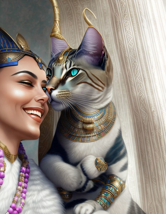 Ancient Egyptian woman with regal cat in pharaoh attire on textured backdrop