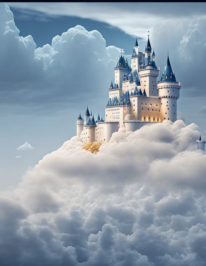 Fantastical castle with spires and towers on white clouds in blue sky