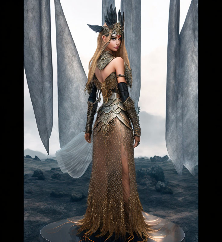 Fantasy armor-clad woman with feathered accents in rocky terrain