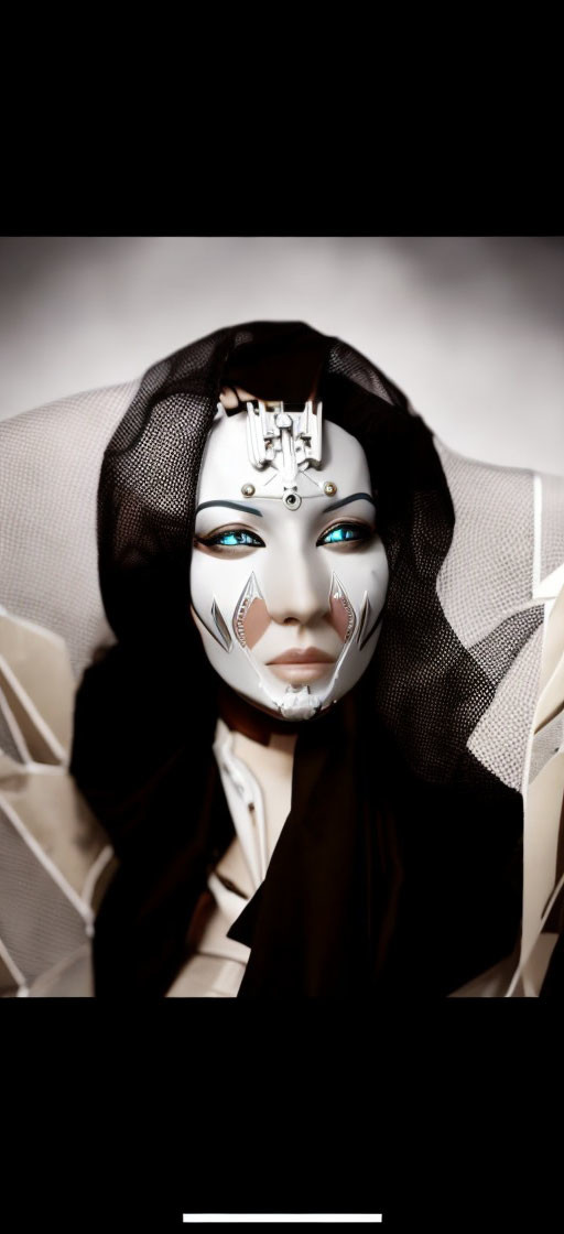 Futuristic metallic mask with intricate designs and blue eyes in black hooded garment