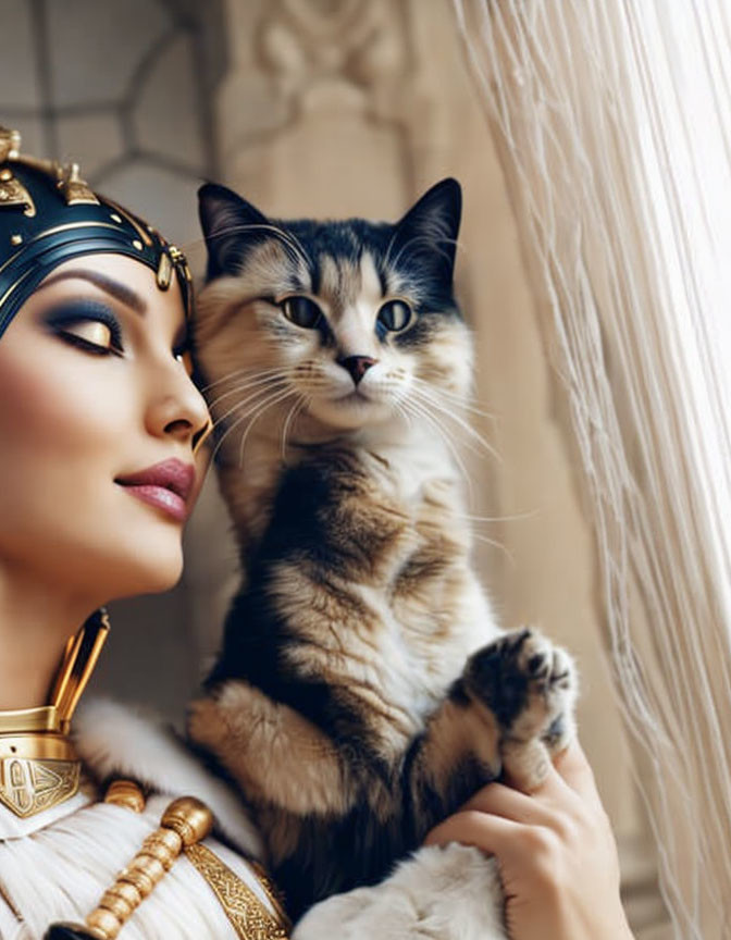 Woman in Egyptian-style costume holding fluffy cat near window