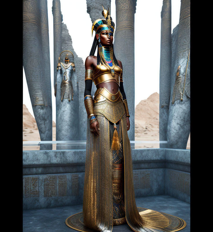 Egyptian Pharaoh in Golden Regalia and Jewelry Standing by Temple Pillars