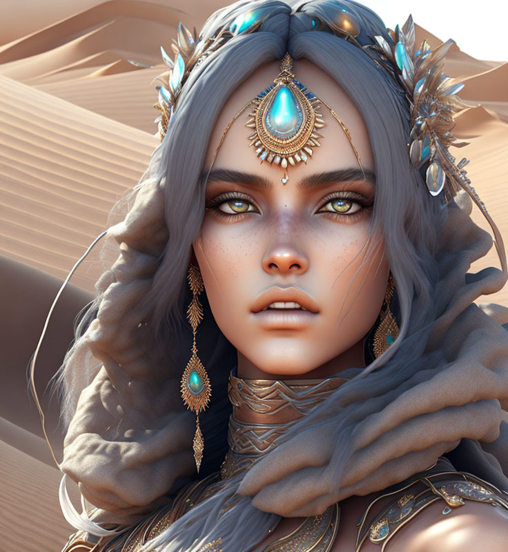 Digital Artwork: Woman with Grey Hair and Jewelry in Desert Setting