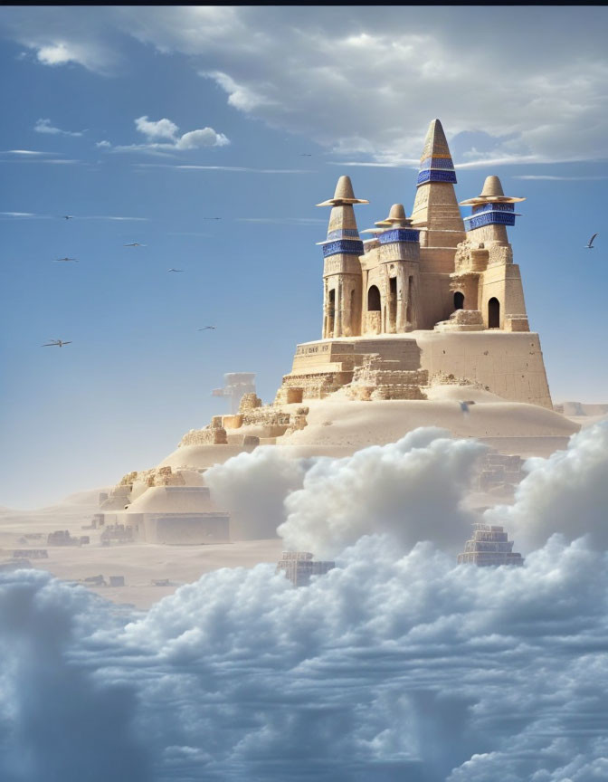 Fantastical castle with blue rooftops on cloud-covered mountain peak