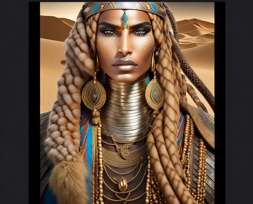 Digital artwork of woman adorned with golden jewelry in desert setting