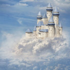 Fantastical castle with blue rooftops on cloud-covered mountain peak