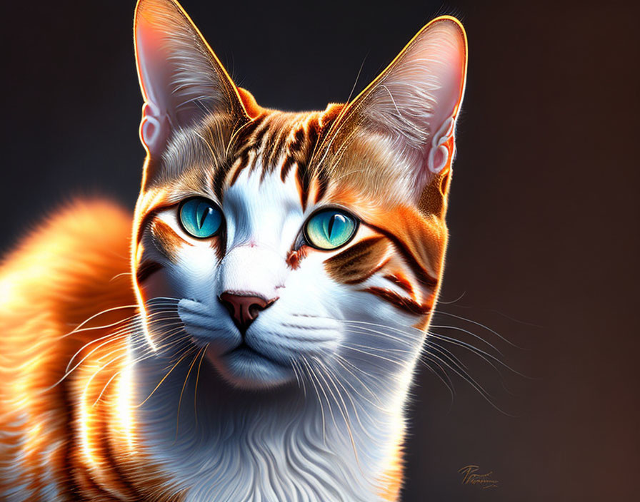 Exaggerated blue-eyed cat portrait with orange and white stripes