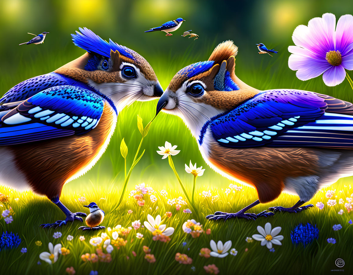 Colorful birds with squirrel-like faces in vibrant meadow scene