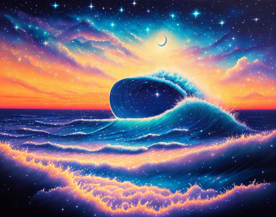 Colorful Cosmic Wave Artwork Under Starry Sky with Crescent Moon