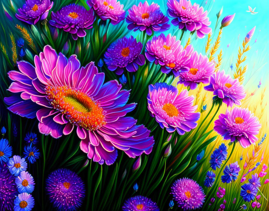 Colorful floral painting with purple and pink flowers, yellow centers, greenery, and blue sky.