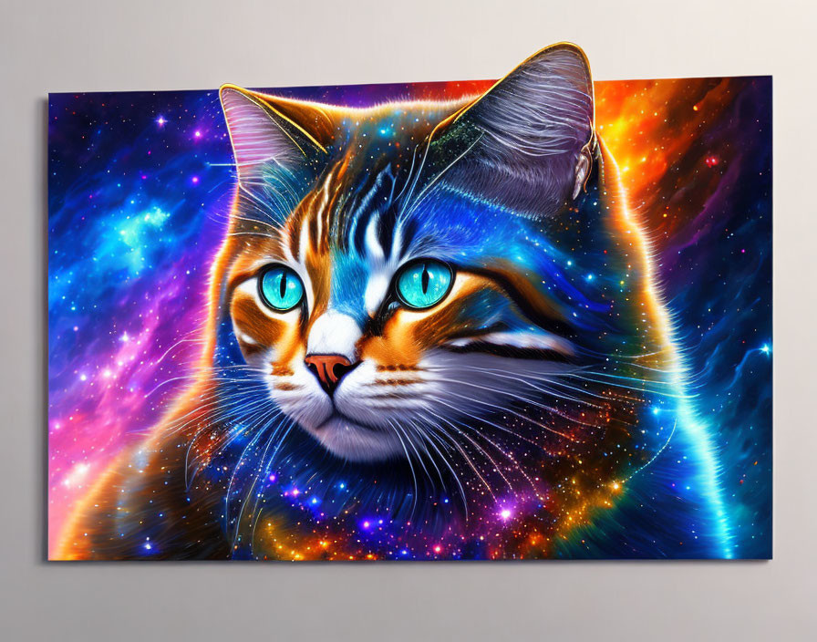 Colorful Cat Face Painting on Cosmic Nebula Background with Blue Eyes