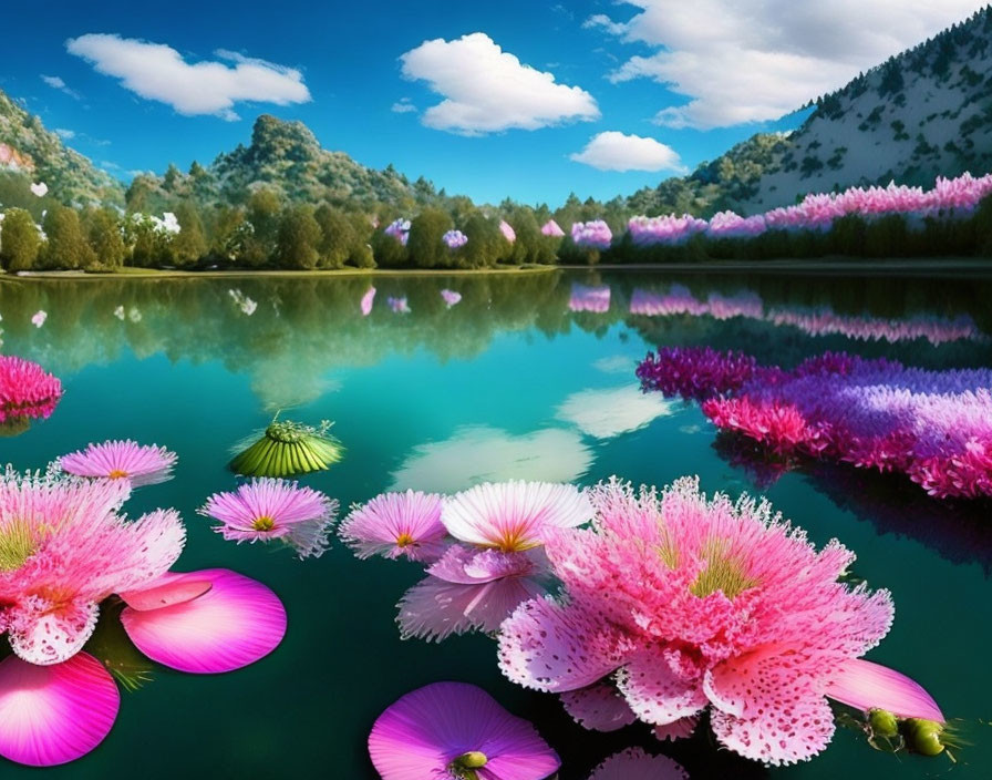 Pink Water Lilies Blooming on Calm Lake with Green Hills