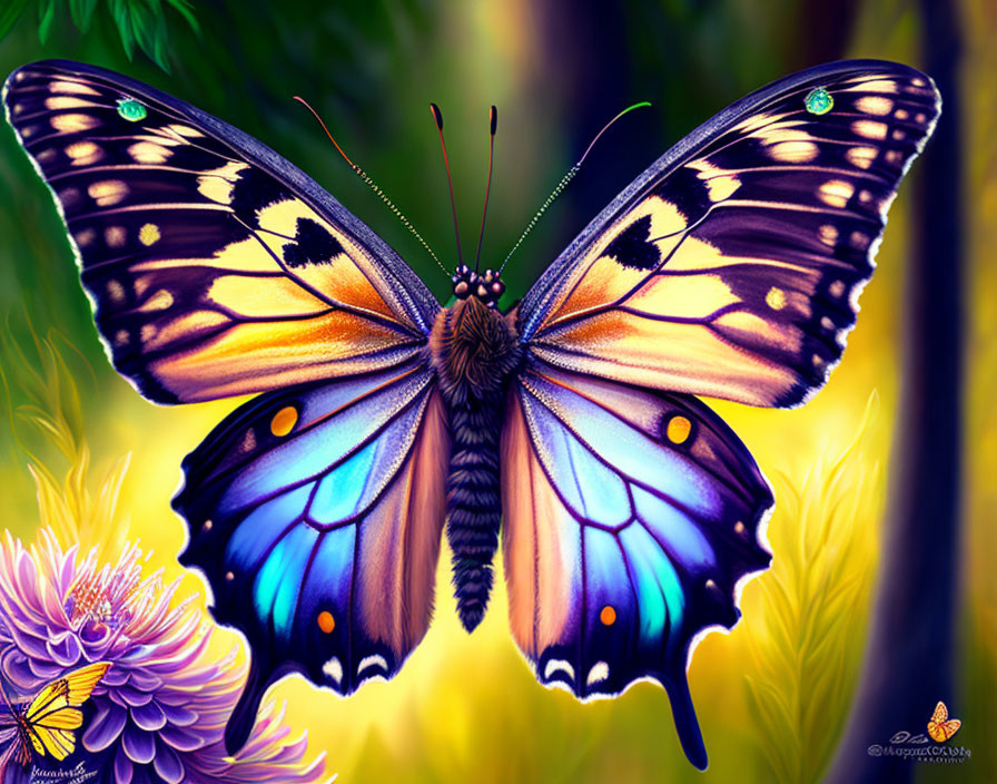 Colorful Butterfly Illustration with Detailed Wings and Flowers