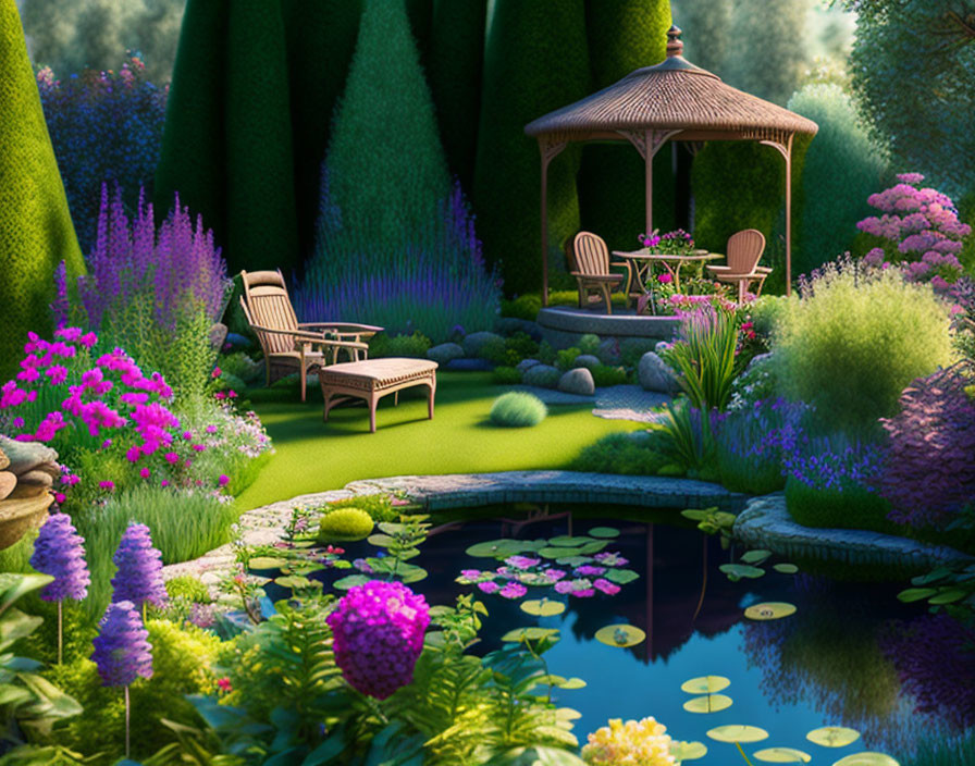 Tranquil garden with gazebo, blooming flowers, pond, and lounge chairs