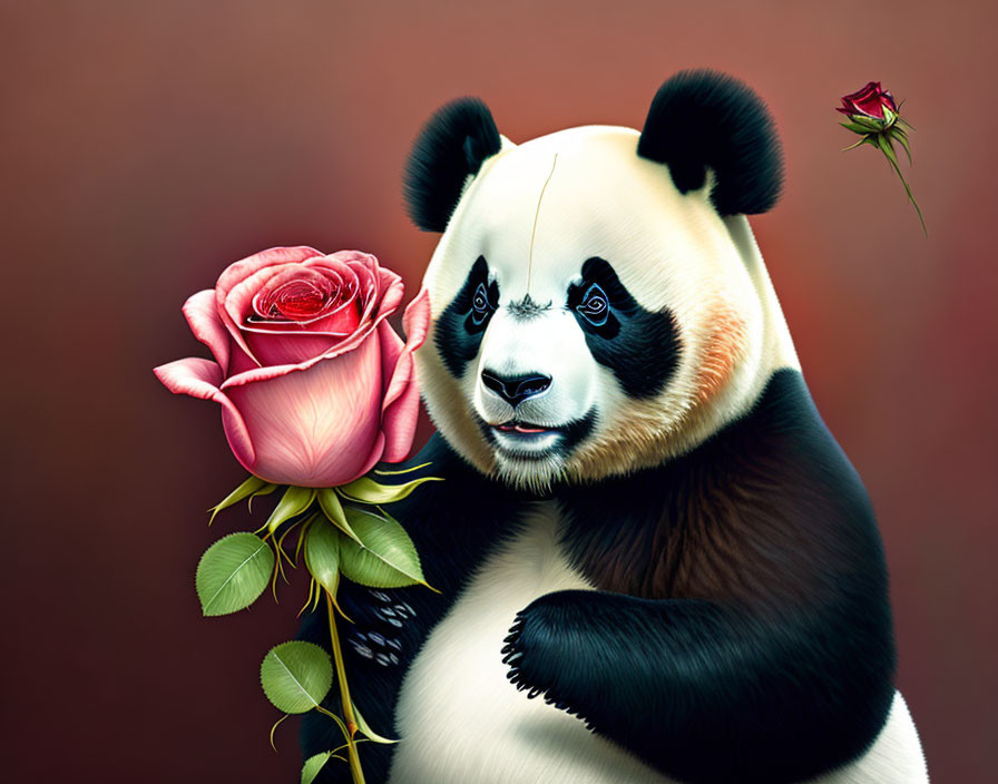 Realistic panda with pink and red roses on earthy background