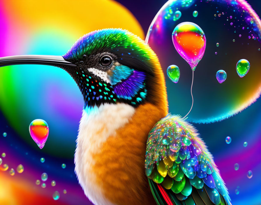 Colorful Hummingbird with Iridescent Feathers in Psychedelic Setting