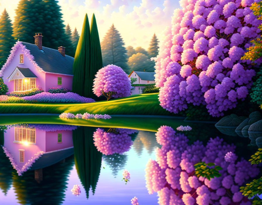 Tranquil Lake at Dusk with Cozy Cottage and Purple Flowering Trees