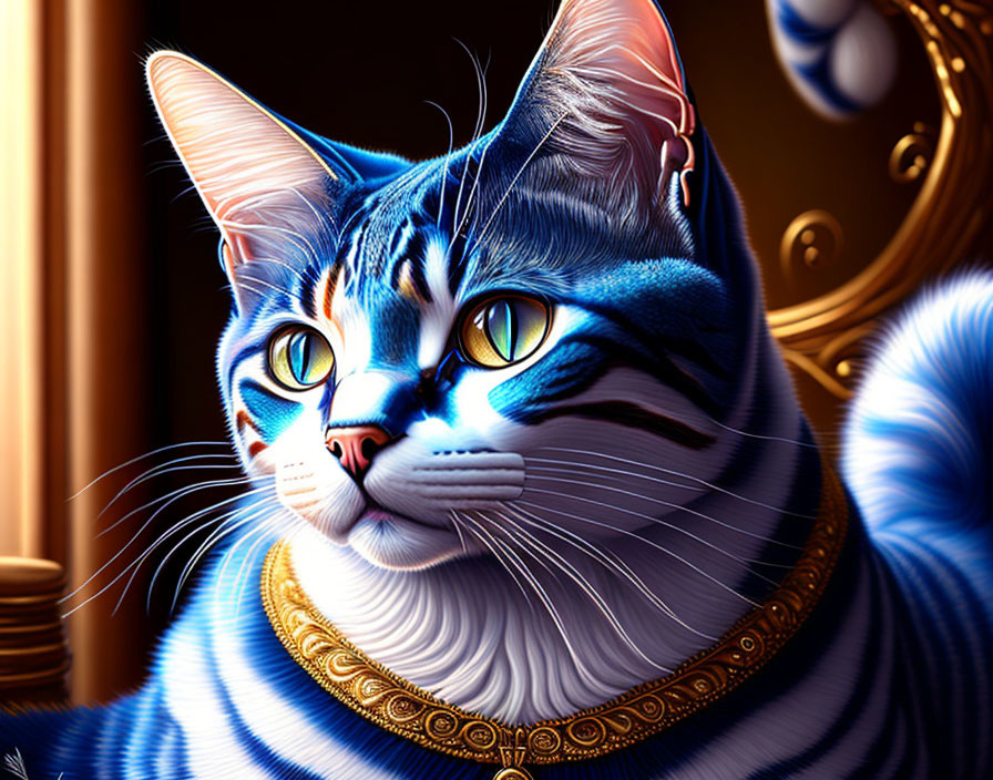 Regal cat digital illustration with blue and white stripes