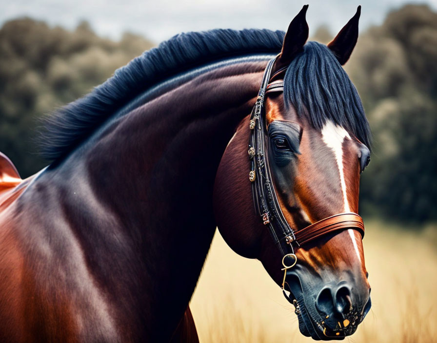 Brown horse with dark mane in bridle against blurred background