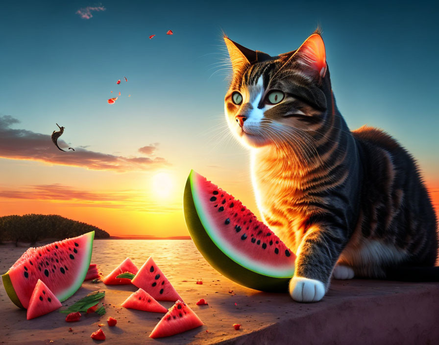 Tabby Cat with Watermelon Slices at Sunset Beach