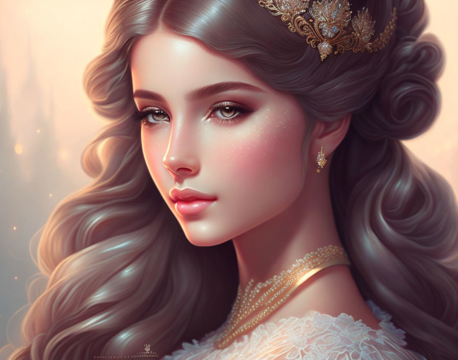 Detailed illustration of woman with expressive eyes, wavy hair, golden tiara, and jewelry