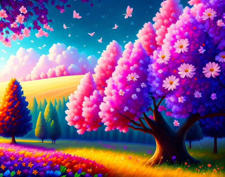 Vibrant pink trees, sunset sky, flying butterflies & multicolored flowers