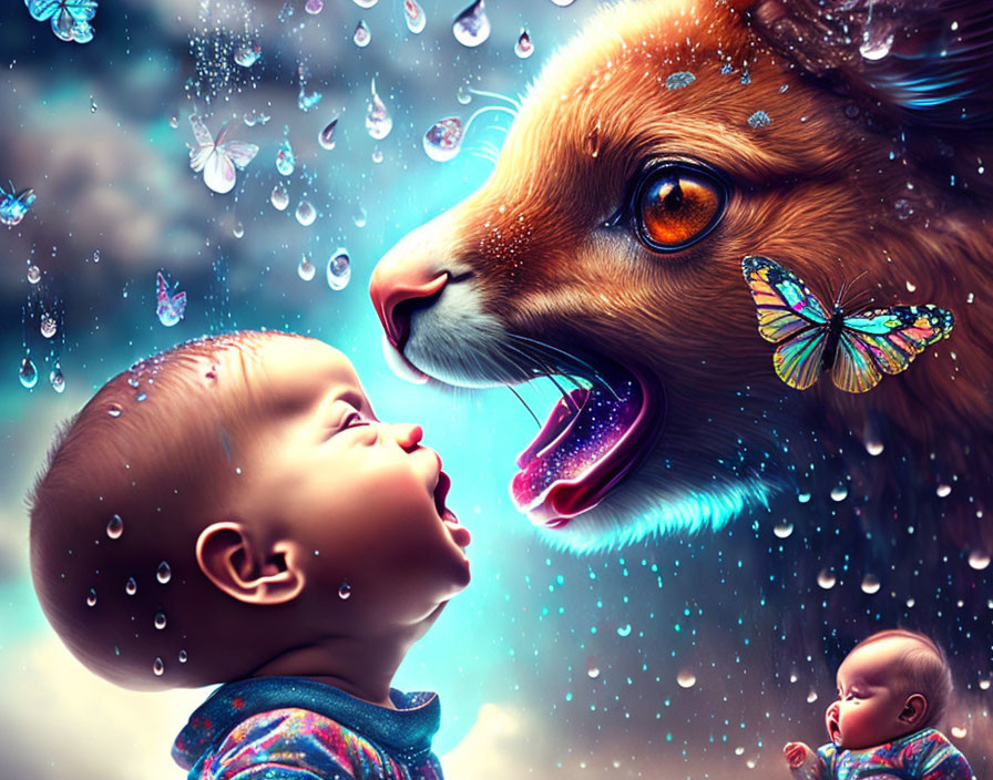 Adorable Baby with Giant Dog and Butterfly in Raindrops