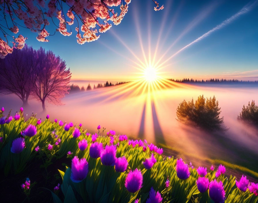 Vibrant sunrise over purple tulip field with cherry blossoms in sky