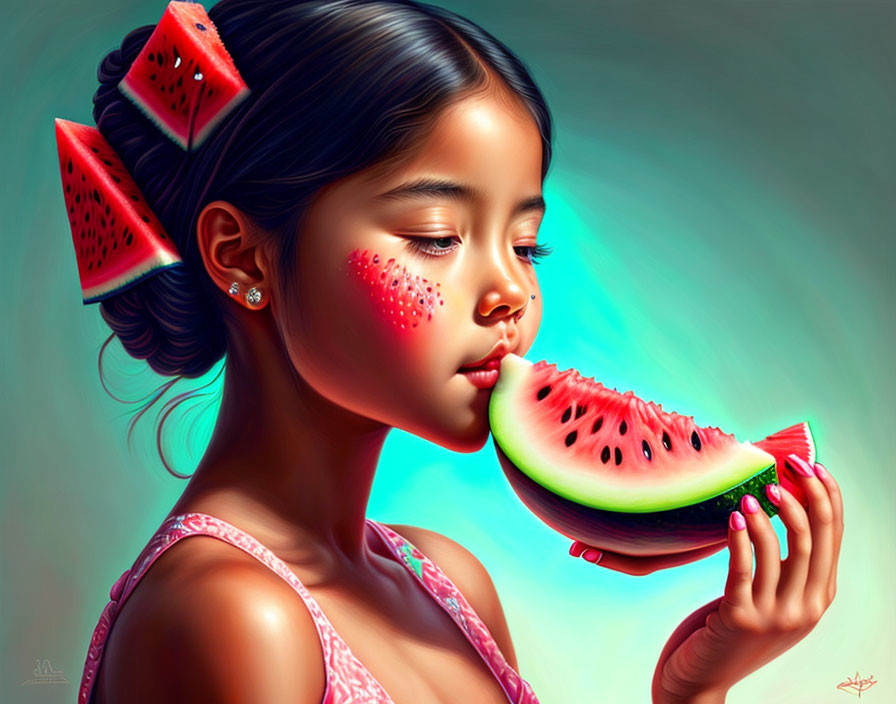 Girl with Watermelon-Themed Face Paint and Accessories Holding Slice in Vibrant Style