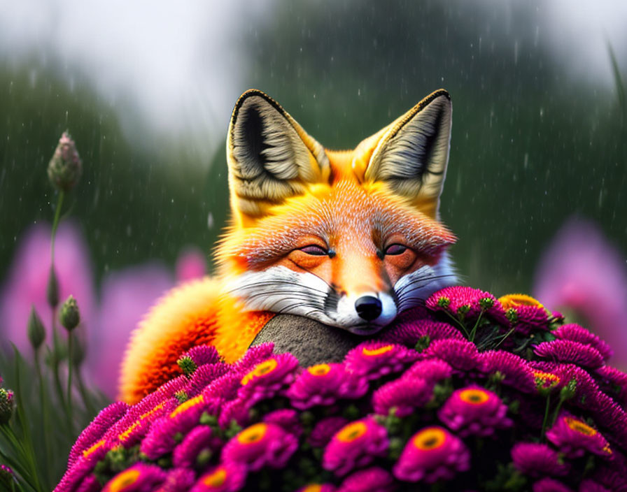 Tranquil fox on vibrant purple flowers with rain droplets