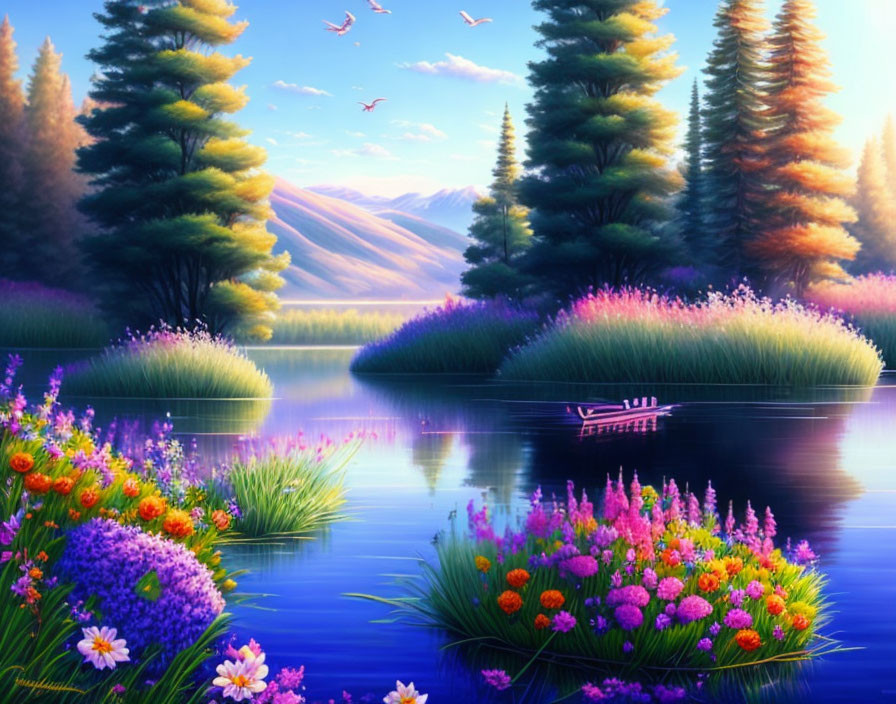 Tranquil lake with colorful flowers, lush trees, and sunset reflections