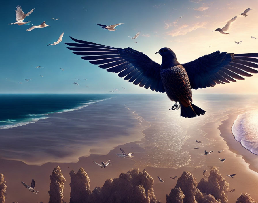 Close-up of soaring bird over serene beach at sunset