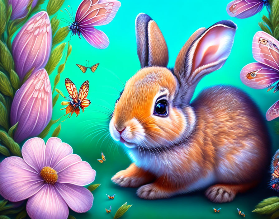 Colorful brown rabbit with flowers and butterflies on blue background