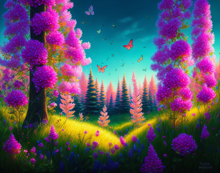 Fantasy landscape with purple and pink flora, butterflies, luminous pathway, and distant pine forest.