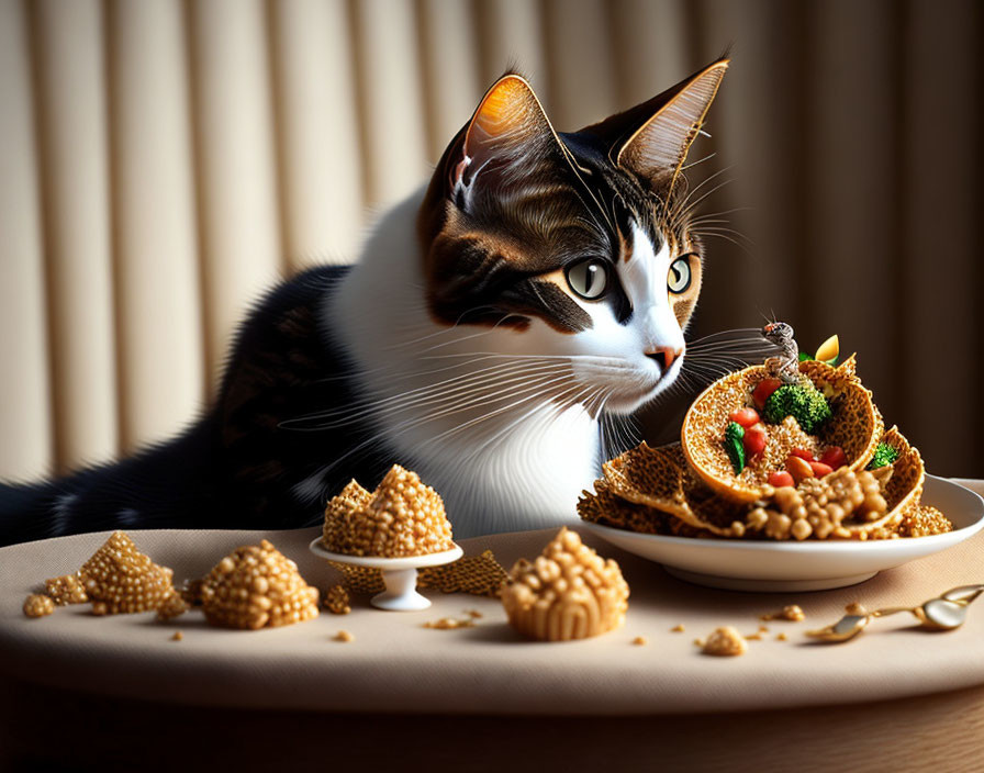 Cat observing miniature feast with tiny tacos, vegetables, and crispy snacks