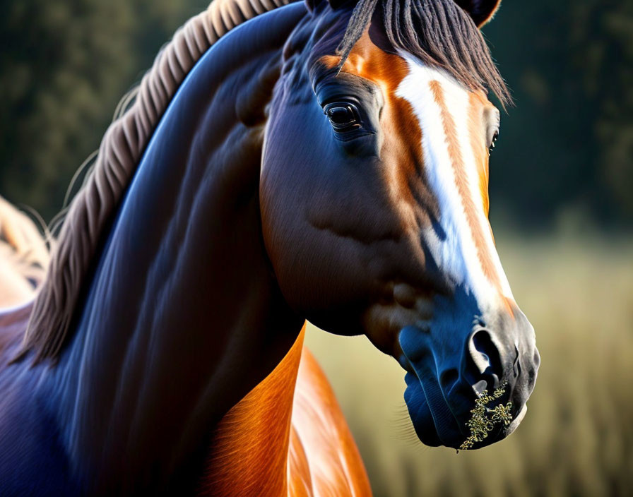 Brown horse with black mane in close-up against green background