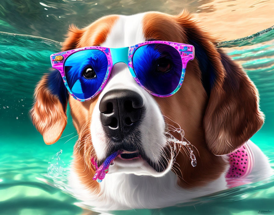 Colorful Sunglasses and Headphones Dog Emerges from Water