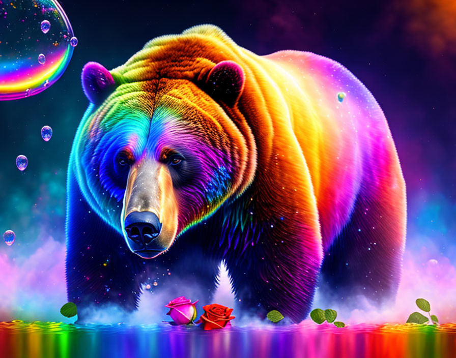 Colorful Rainbow Bear Surrounded by Bubbles and Water Lilies