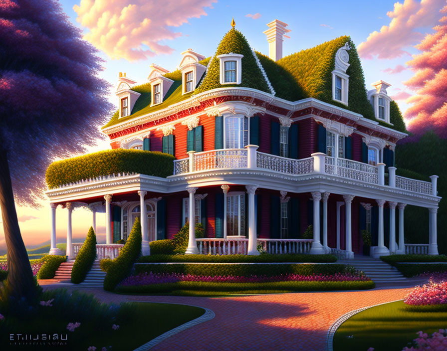 Victorian-style house with green ivy, white trim, red facade, pink sky at dusk or