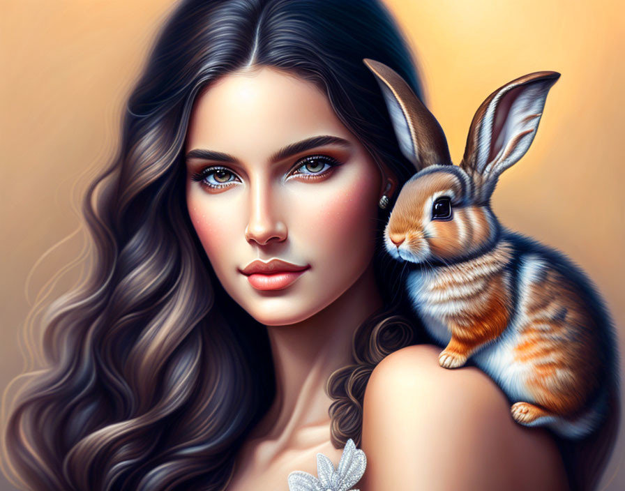 Digital portrait of woman with wavy hair and bunny on shoulder in warm-toned setting