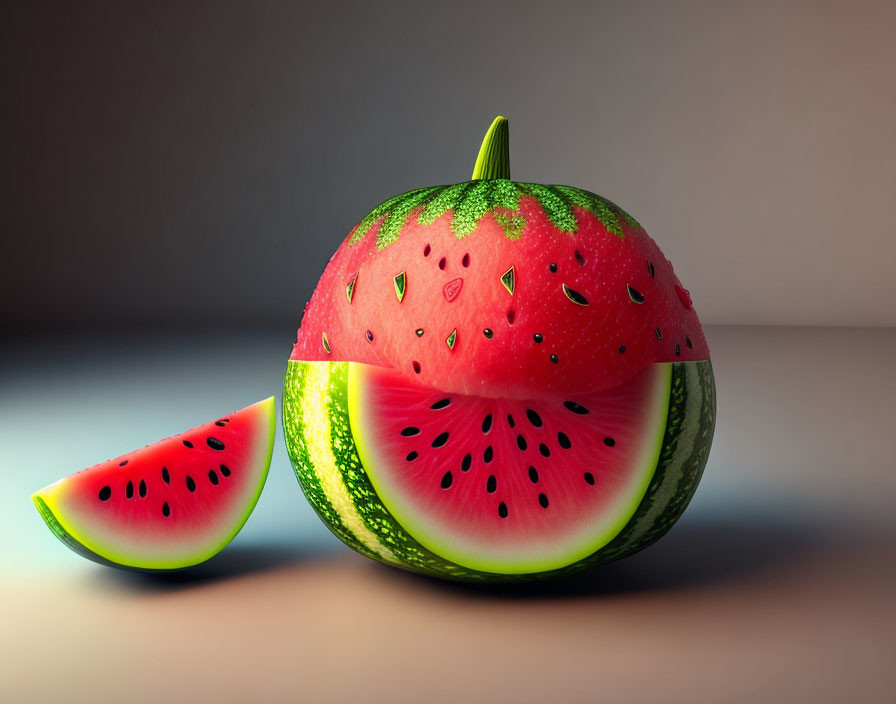 Watermelon Teapot Sculpture with Slice Cut Out on Reflective Surface